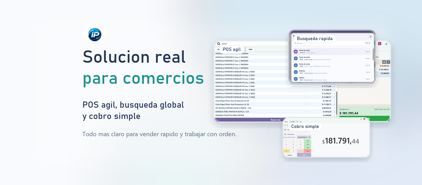 Pantalla de POS y escritorio operativo de InformaticaIP Suite