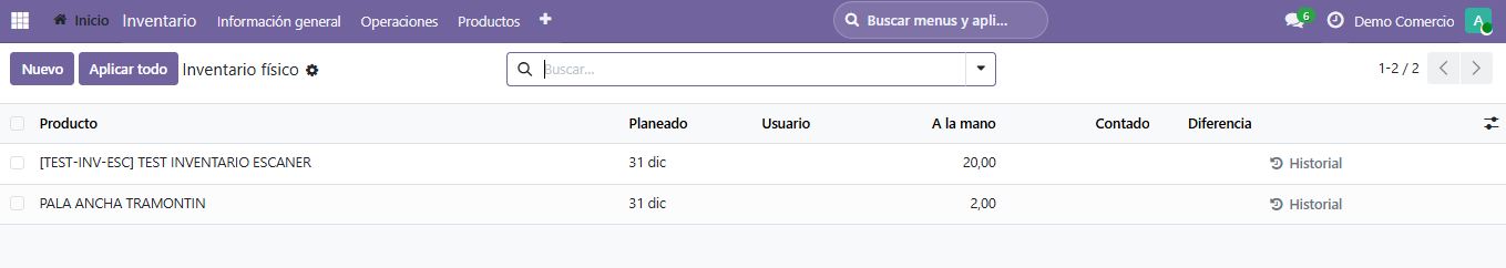 Pantalla de inventario y stock